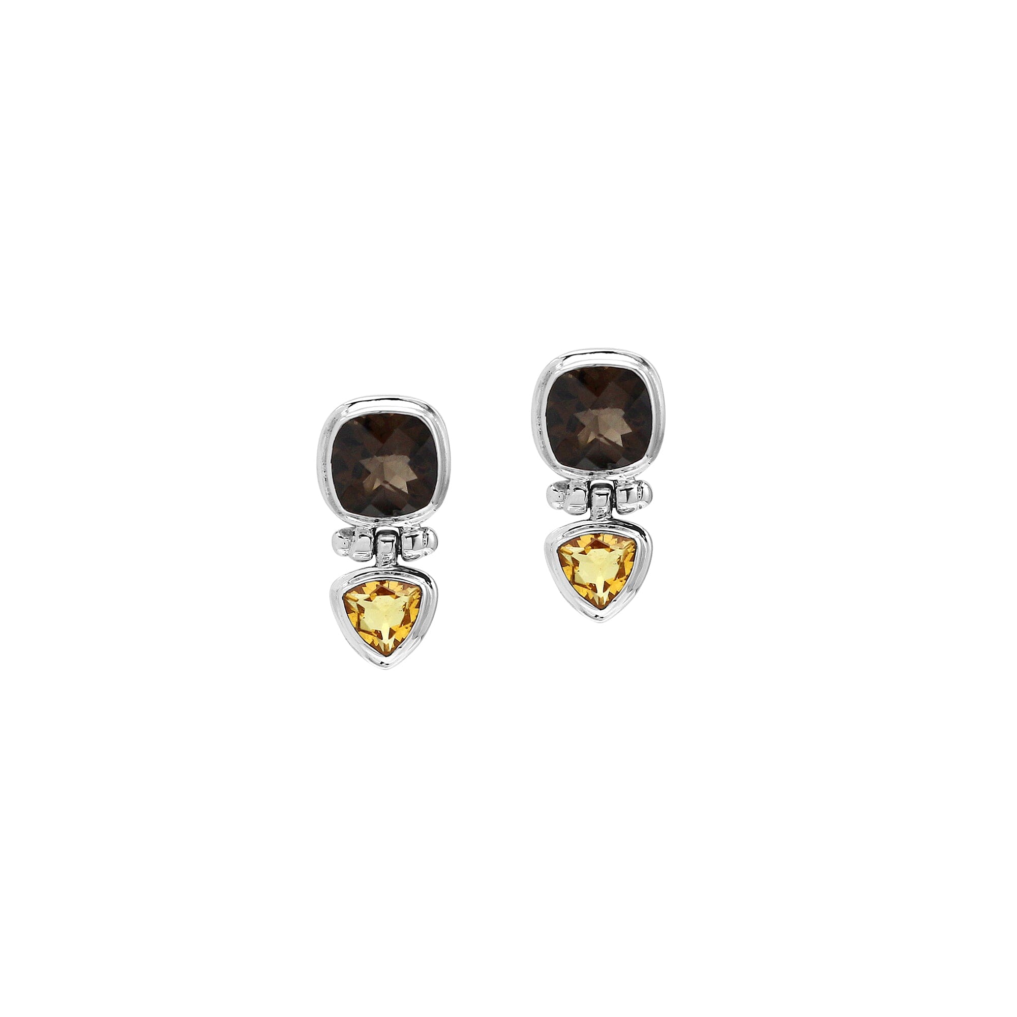 Sterling Silver Earrings With Cushion Smoky Quartz Top And Trilliant Citrine Quartz Drop.