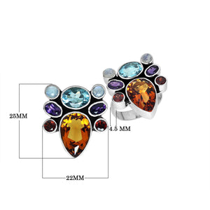 Sterling Silver handcrafted multi-stone ring with Blue Topaz, Amethyst, Citrine, Garnet, and Rainbow Moonstone wholesale from Bali, Indonesia