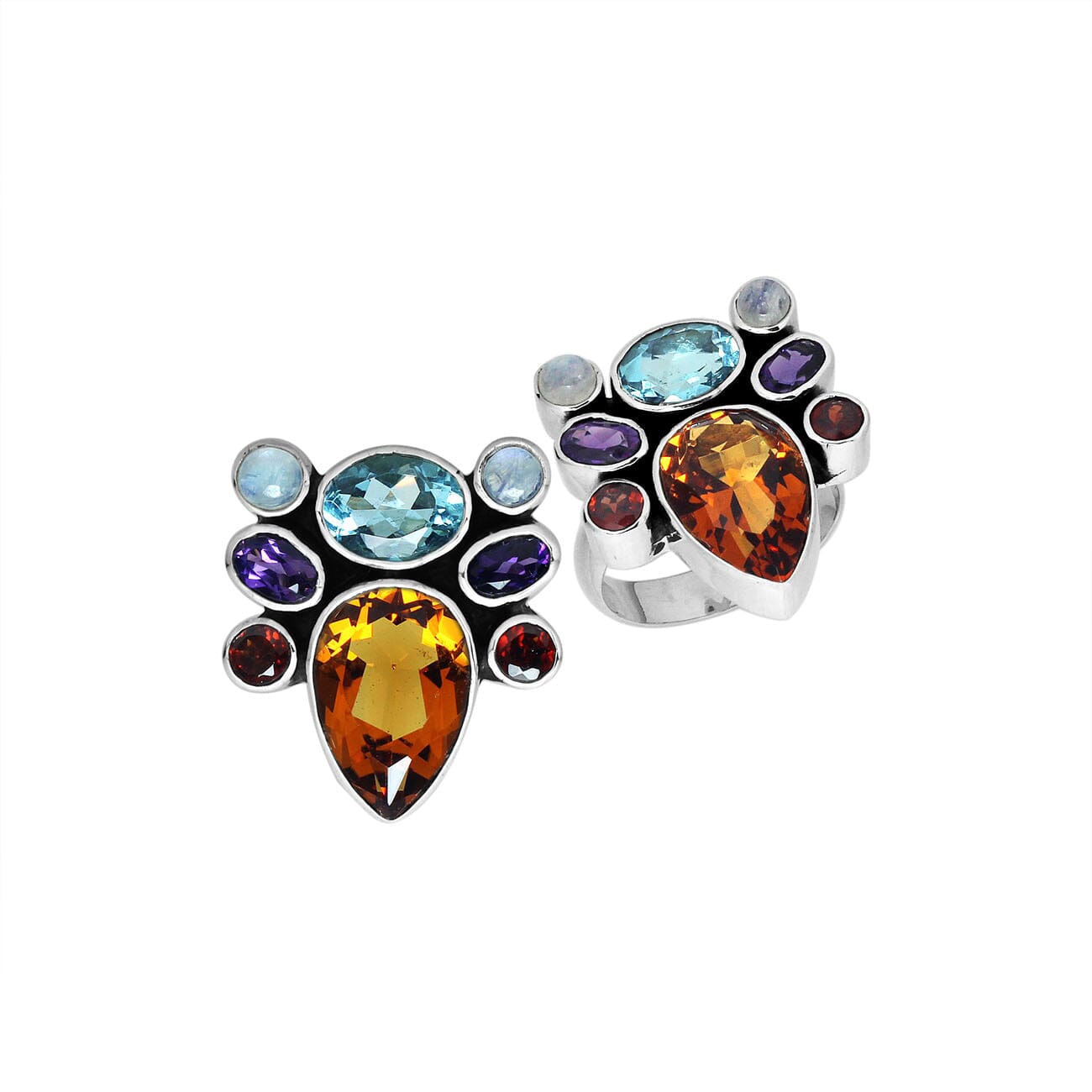 Sterling Silver handcrafted multi-stone ring with Blue Topaz, Amethyst, Citrine, Garnet, and Rainbow Moonstone wholesale from Bali, Indonesia