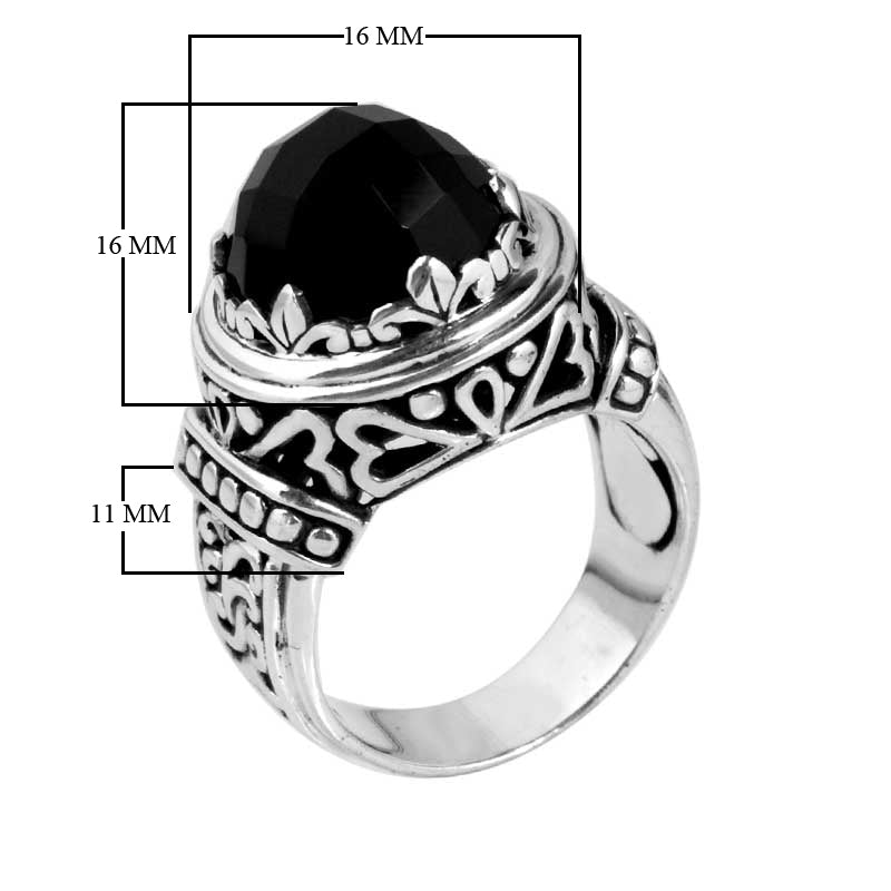 Sterling Silver Black Onyx Ornate Oval Ring with Detailed Bali Carved Silverwork