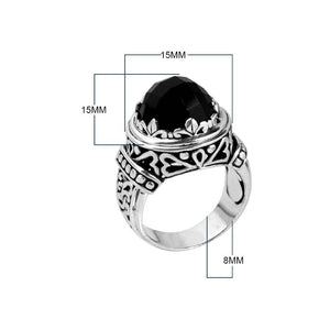 Sterling Silver Black Onyx Ornate Oval Ring with Detailed Bali Carved Silverwork