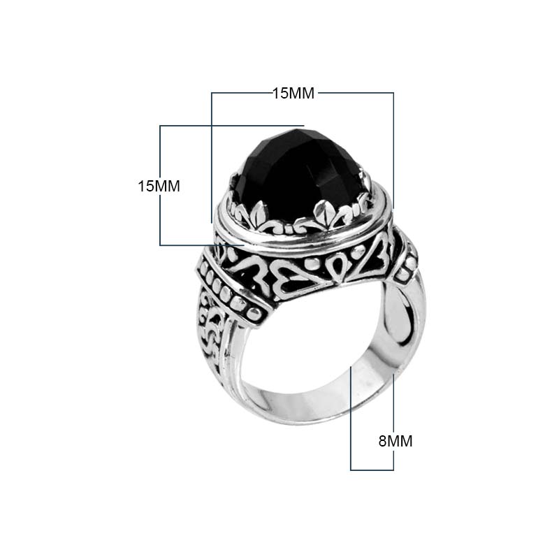 Sterling Silver Black Onyx Ornate Oval Ring with Detailed Bali Carved Silverwork