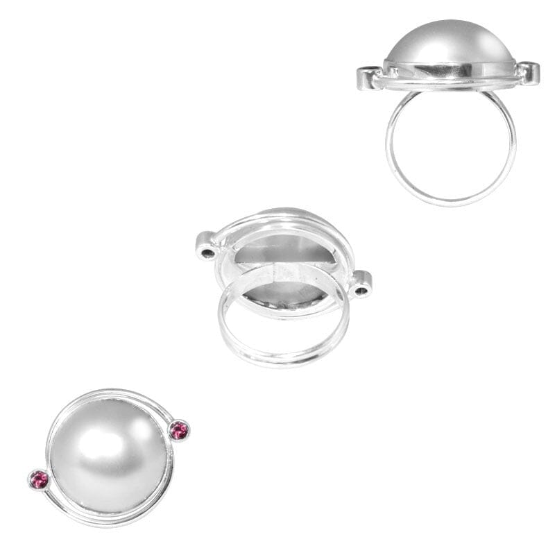 Sterling Silver Ring With Mabe Pearl And Garnet Quartz, Minimalist Designer Ring, Mirror Polished Antique Finish