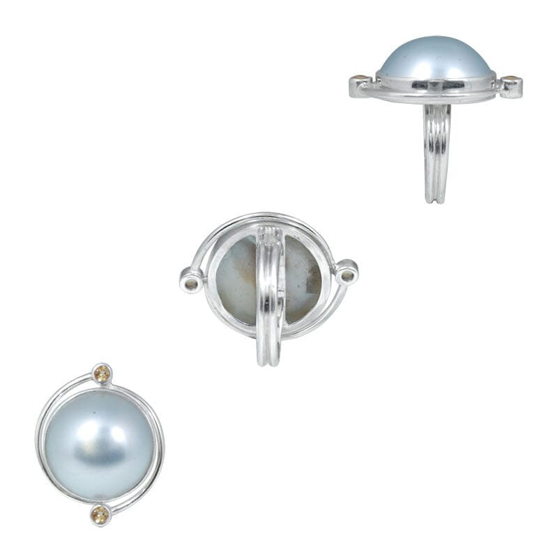 Sterling Silver Ring With Grey Mabe Pearl And Citrine Quartz, Minimalist Designer Ring, Mirror Polished Antique Finish