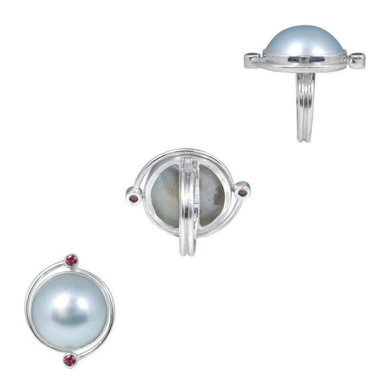 Sterling Silver Ring With Grey Mabe Pearl And Garnet Quartz, Minimalist Designer Ring, Mirror Polished Antique Finish