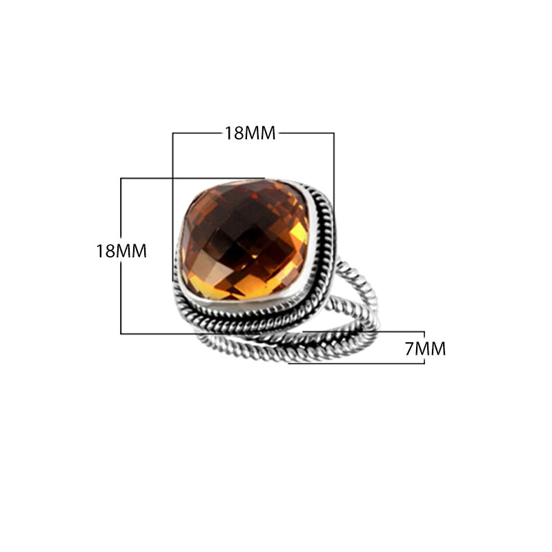 Sterling Silver Ring With Citrine Quartz, Cushion Rope Frame Designer Ring, Mirror Polished Silver Finish
