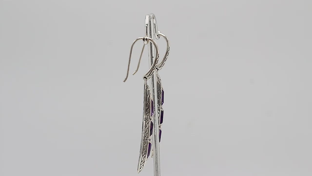 Sterling Silver Long Drop Earrings Featuring Triple Citrine Quartz Stones With Balinese Chain Carved Detailing