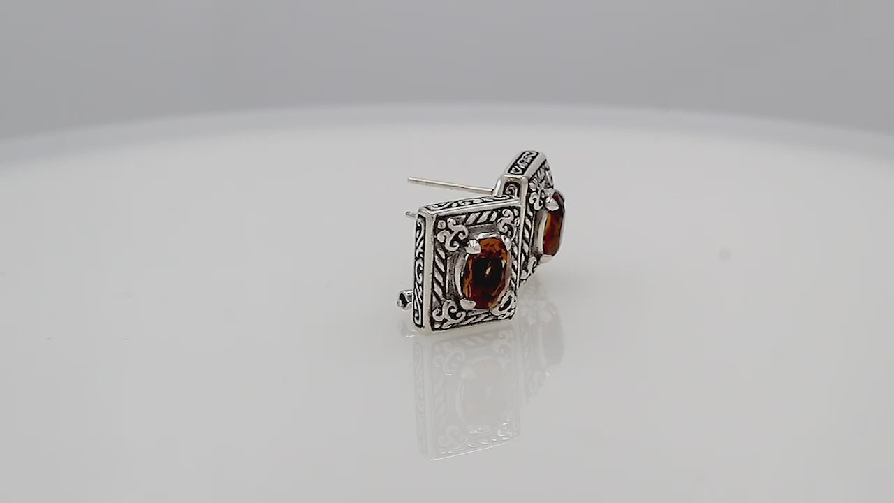 Sterling Silver Ornate Rectangular Carved Stud Earrings Featuring Warm Citrine Quartz And Detailed Balinese Craftsmanship