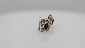 Sterling Silver Ornate Rectangular Carved Stud Earrings Featuring Warm Citrine Quartz And Detailed Balinese Craftsmanship