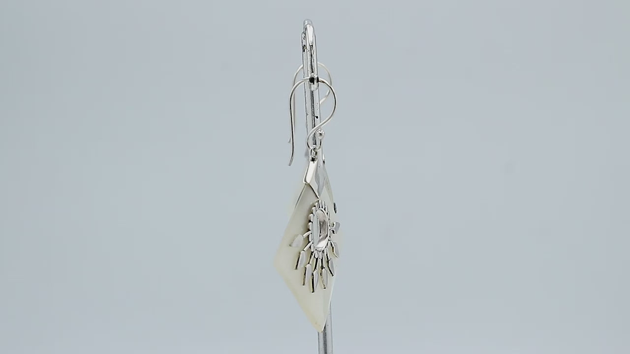 Sterling Silver Tribal Earrings With Turquoise Shell Diamond Panels And Silver Sunburst Accents