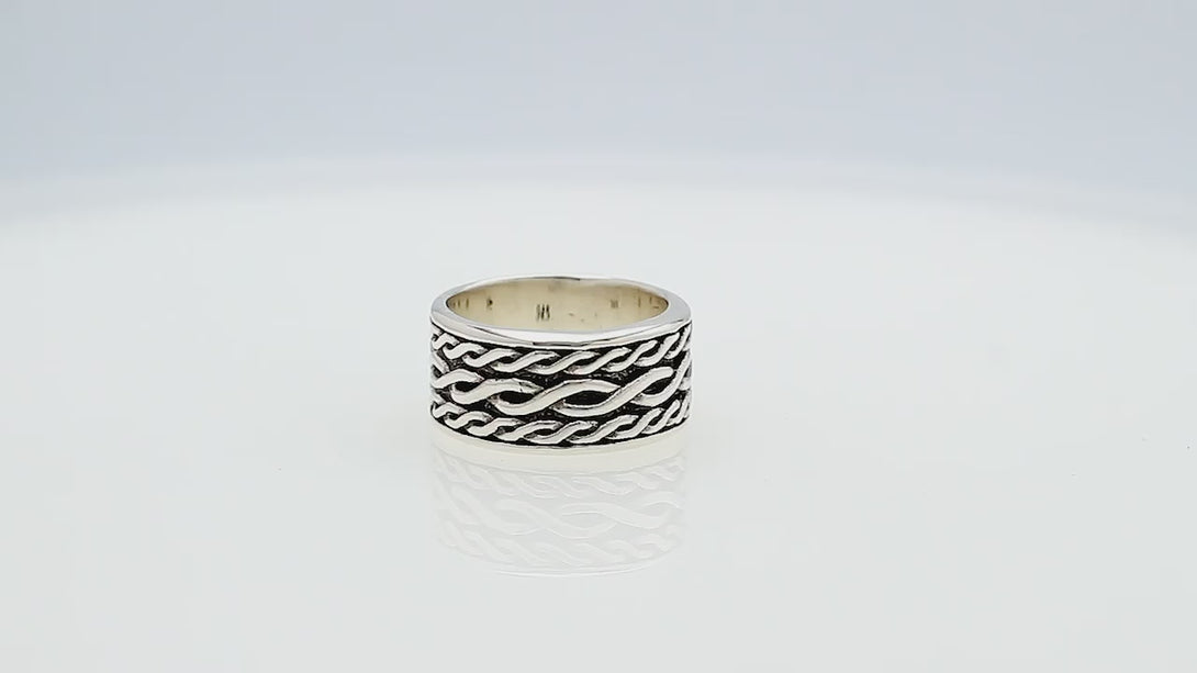 Wholesale sterling silver wide band ring with wavy braid Bali-inspired design and oxidized details, handcrafted unisex artisan jewelry in bulk for retailers and resellers.