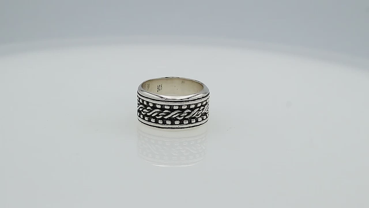 Wholesale sterling silver braided band rings with oxidized rope design, wide unisex silver jewelry for bulk resellers.