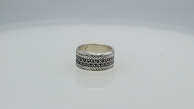 Wholesale sterling silver patterned wide band rings with oxidized finish, unisex artisan silver jewelry for bulk resellers.