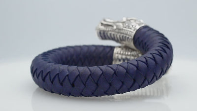 925 Sterling Silver Dragon Bracelet With Blue Leather On White Background