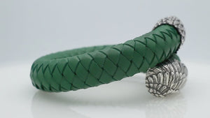 925 Sterling Silver Eagle Bracelet With Green Leather On White Background