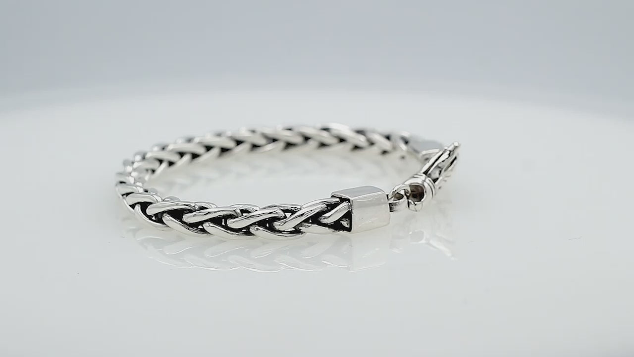 Sterling Silver Bali Handcrafted Braided Chain Bracelet With Ornate Lobster Clasp And Oxidized Finish
