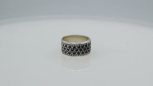 Sterling silver wholesale wide band ring with intricate Bali dot pattern, handcrafted 925 silver unisex jewelry for bulk orders.