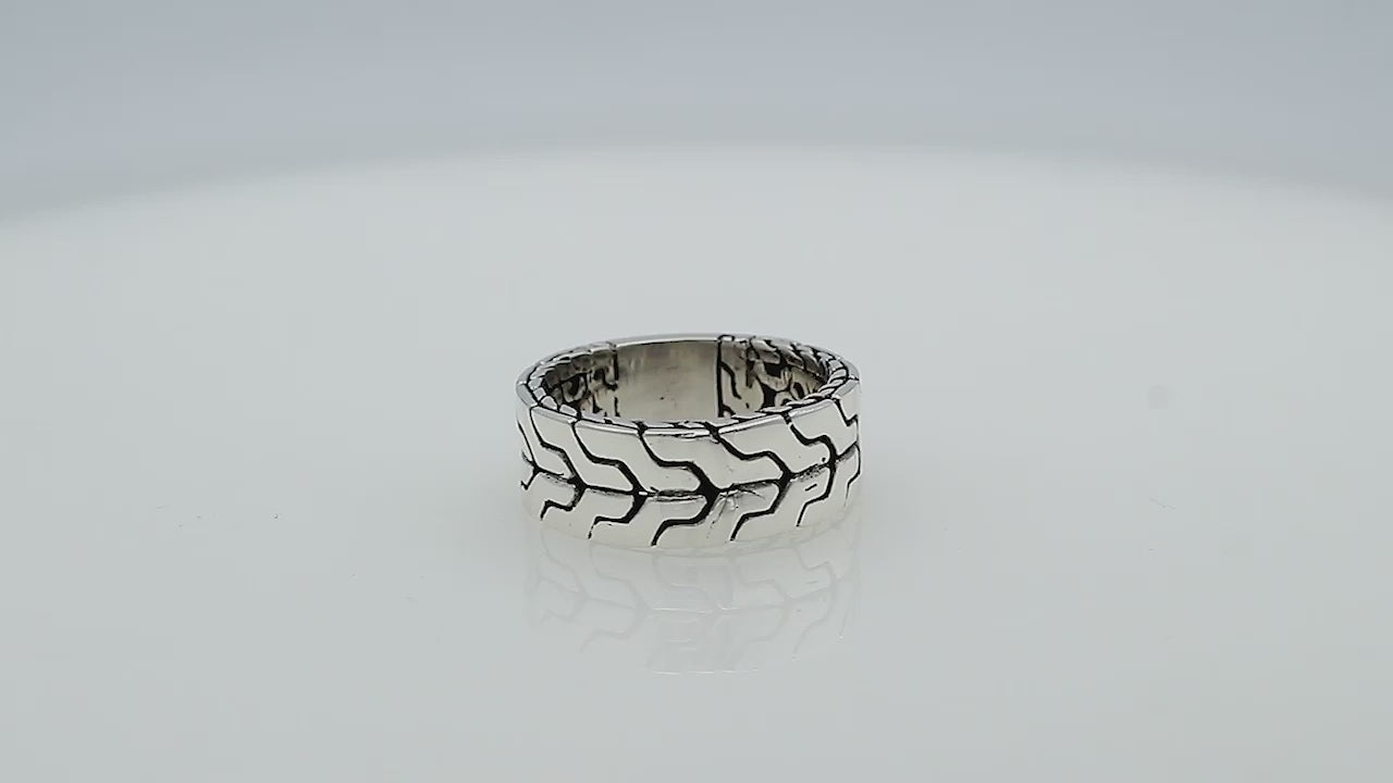 Wholesale sterling silver wide band ring with bold geometric pattern and oxidized detailing – unisex artisan wholesale jewelry.