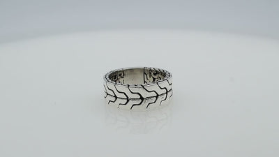 Wholesale sterling silver wide band ring with bold geometric pattern and oxidized detailing – unisex artisan wholesale jewelry.