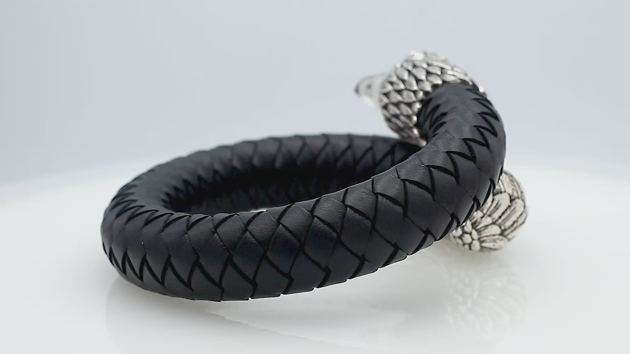 925 Sterling Silver Dragon Bracelet With Black Leather On White Background