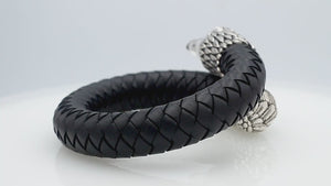 925 Sterling Silver Dragon Bracelet With Black Leather On White Background