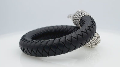 925 Sterling Silver Dragon Bracelet With Black Leather On White Background