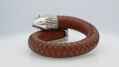 925 Sterling Silver Eagle Bracelet With Light Brown Leather On White Background