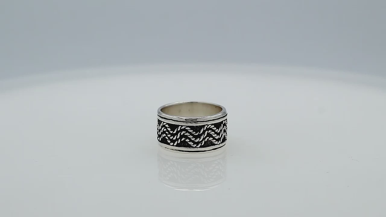Wholesale sterling silver wide band ring with braided rope design and oxidized detailing, handcrafted 925 unisex silver jewelry from Bali for bulk orders and resellers.