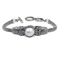 Sterling silver Balinese bracelet with pearl centerpiece and oxidized handcrafted detailing