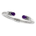 "Wholesale sterling silver cuff Bangle with teardrop Amethyst Quartz and Balinese rope design, handcrafted in Bali"
