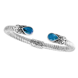"Wholesale sterling silver cuff Bangle  with teardrop Blue Topaz Quartz and Balinese rope design, handmade in Bali"
