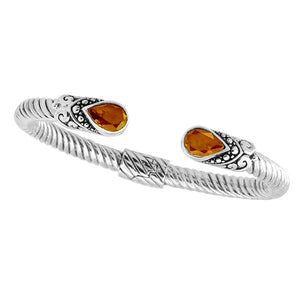 "Wholesale sterling silver cuff Bangle with teardrop Citrine Quartz and Balinese rope design, handmade in Bali"