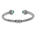 Sterling silver Balinese cuff bangle with round green quartz and rope-style band