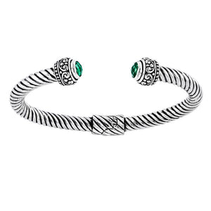 Sterling silver Balinese cuff bangle with round green quartz and rope-style band