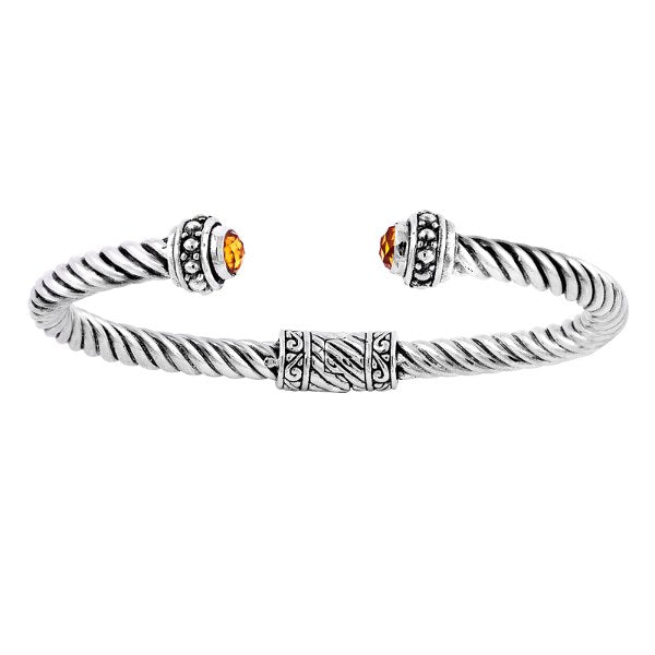 Sterling silver Balinese cuff bangle with round citrine quartz and twisted rope design