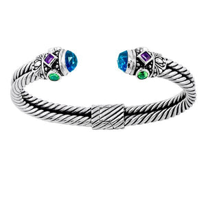 Sterling silver Balinese cuff bangle with blue topaz, amethyst, and Peridot quartz in twisted rope design