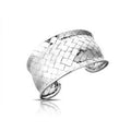 Sterling silver wide bangle with woven-style textured surface, handcrafted in Bali.