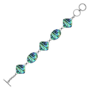 Sterling silver bracelet with oval and square abalone shell links, polished finish.