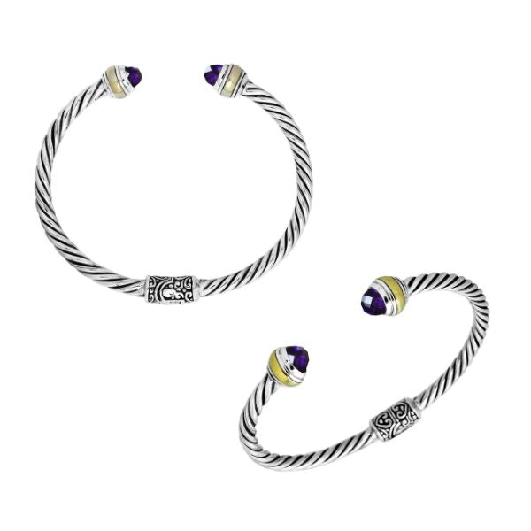 Wholesale sterling silver cable bangle with amethyst quartz accents, handcrafted in Bali.