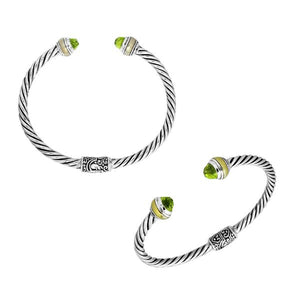 Wholesale sterling silver bangle with Peridot Quartz stones, twisted rope design, oxidized finish, and 18K gold plating, handmade in Bali.