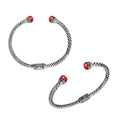 Wholesale sterling silver Red Coral bangle with twisted rope design, Balinese motifs, and oxidized finish, handcrafted in Bali.
