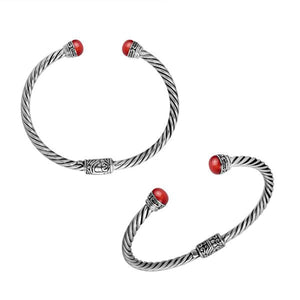 Wholesale sterling silver Red Coral bangle with twisted rope design, Balinese motifs, and oxidized finish, handcrafted in Bali.