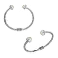 Sterling silver handcrafted bangle with pearl and cubic zirconia, twisted rope cuff made in Bali.