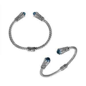 Sterling silver handcrafted bangle with Blue Topaz Quartz, twisted rope Balinese design.