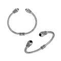 Sterling silver twisted bangle with black onyx ends and Balinese carvings, handcrafted in Bali