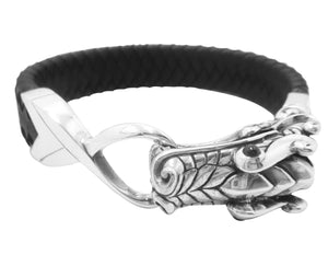 Wholesale Leather bracelet with Sterling Silver dragon clasp and Sapphire Eye, handcrafted in Bali.