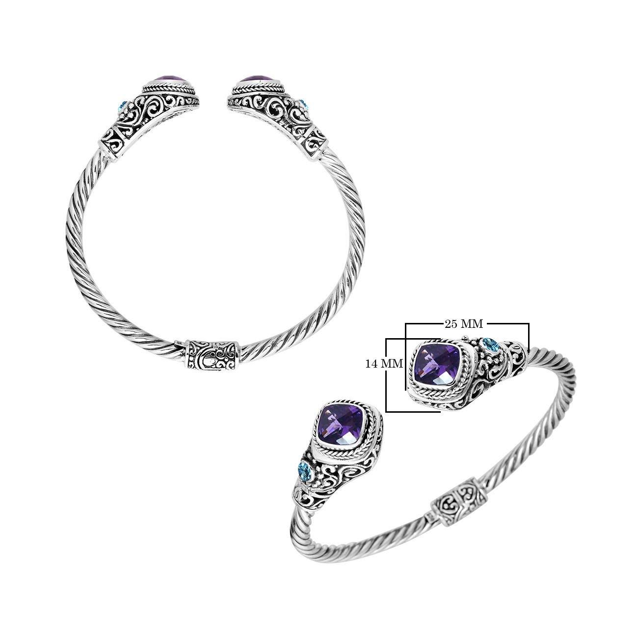 Wholesale Amethyst Quartz and Blue Topaz Sterling Silver bangle, handcrafted in Bali.
