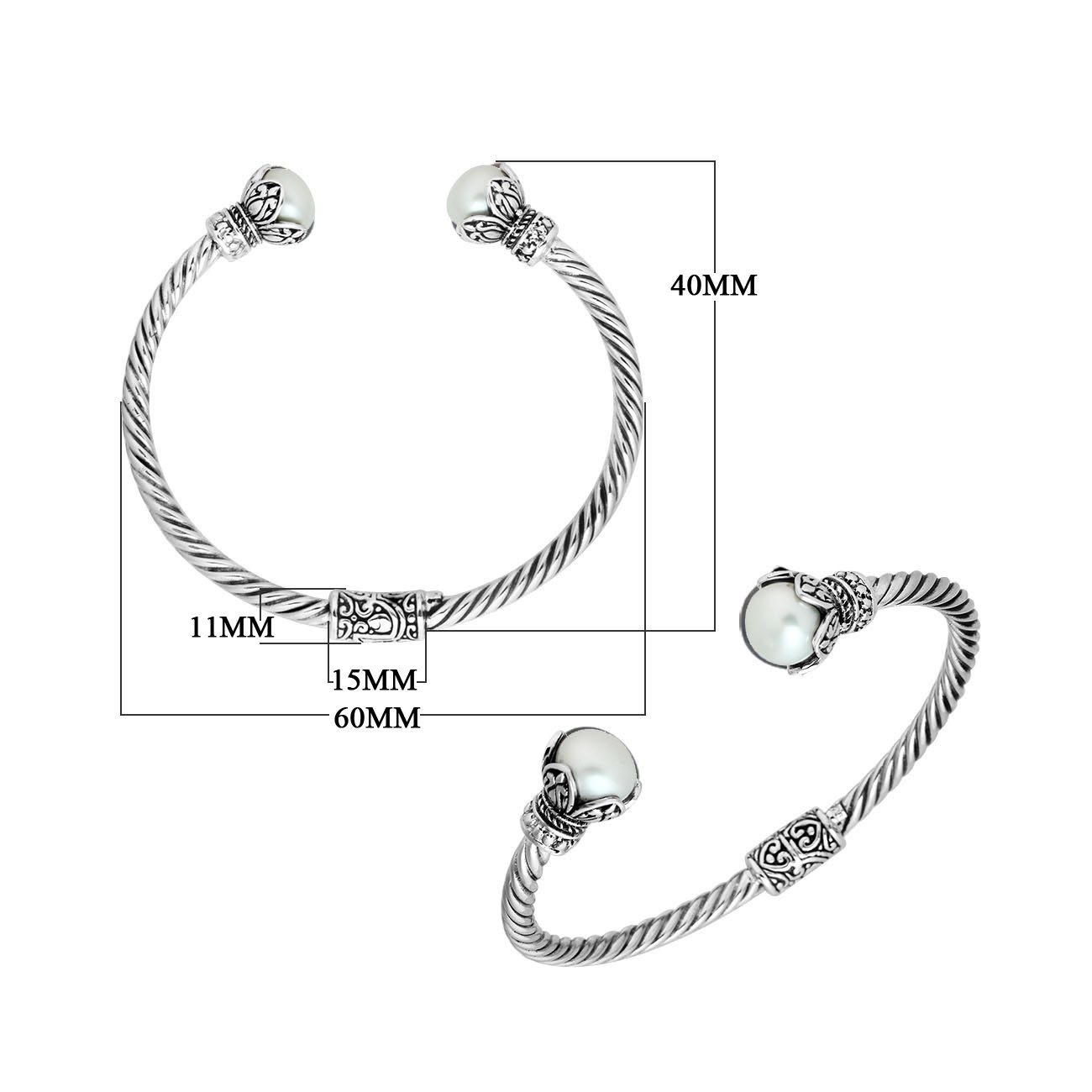 925 Sterling Silver Pearl Bangle with twisted cable design and Balinese handcrafted detailing