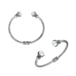 925 Sterling Silver Pearl Bangle with twisted cable design and Balinese handcrafted detailing