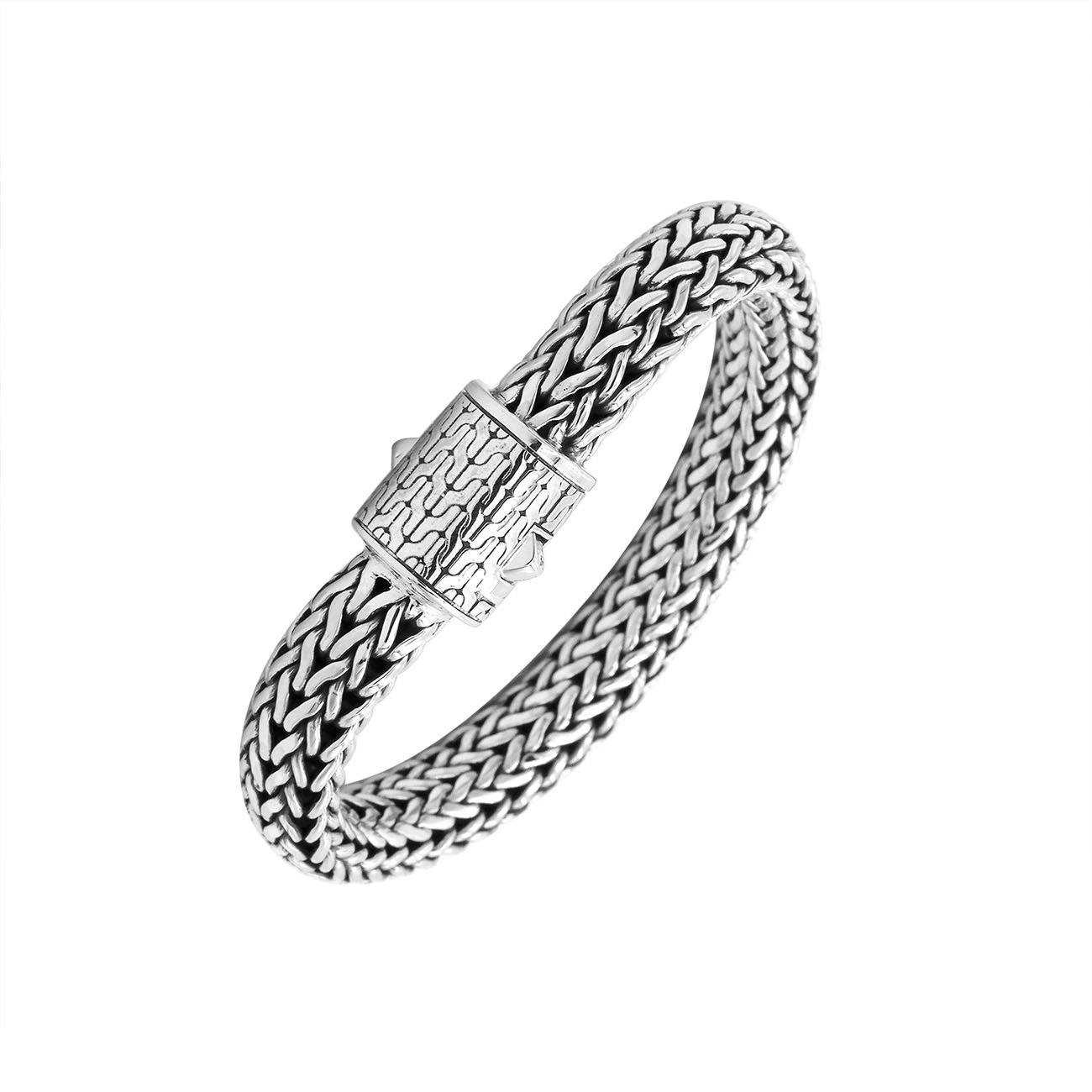 925 Sterling Silver woven bracelet with designer engraved push lock clasp handcrafted in Bali